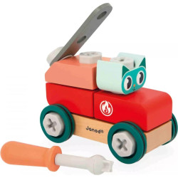 BricoKids Drevená stavebnica auto s náradím Mačka 28 ks
